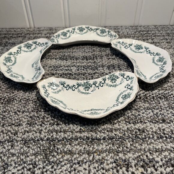 Vintage Set of 4 Crescent Plates Green & White By Royal Louise England Made - Picture 2 of 8